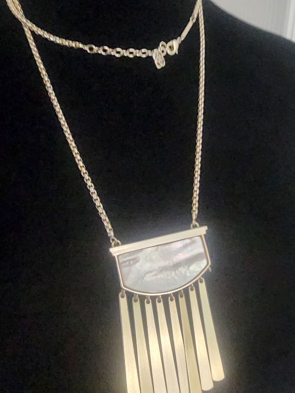 Gold Fringe Pendant Necklace with Mother-of-Pearl Inlay - Women Jewelry
